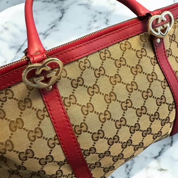Gucci GG Canvas Heart Tote, Leather Red Trim, Heart Champagne GH, Canvas - Picture 4 of 11